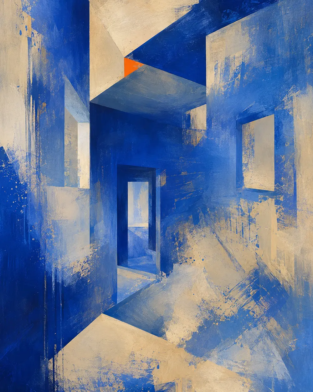 Surreal cobalt room dissolving into painterly marks