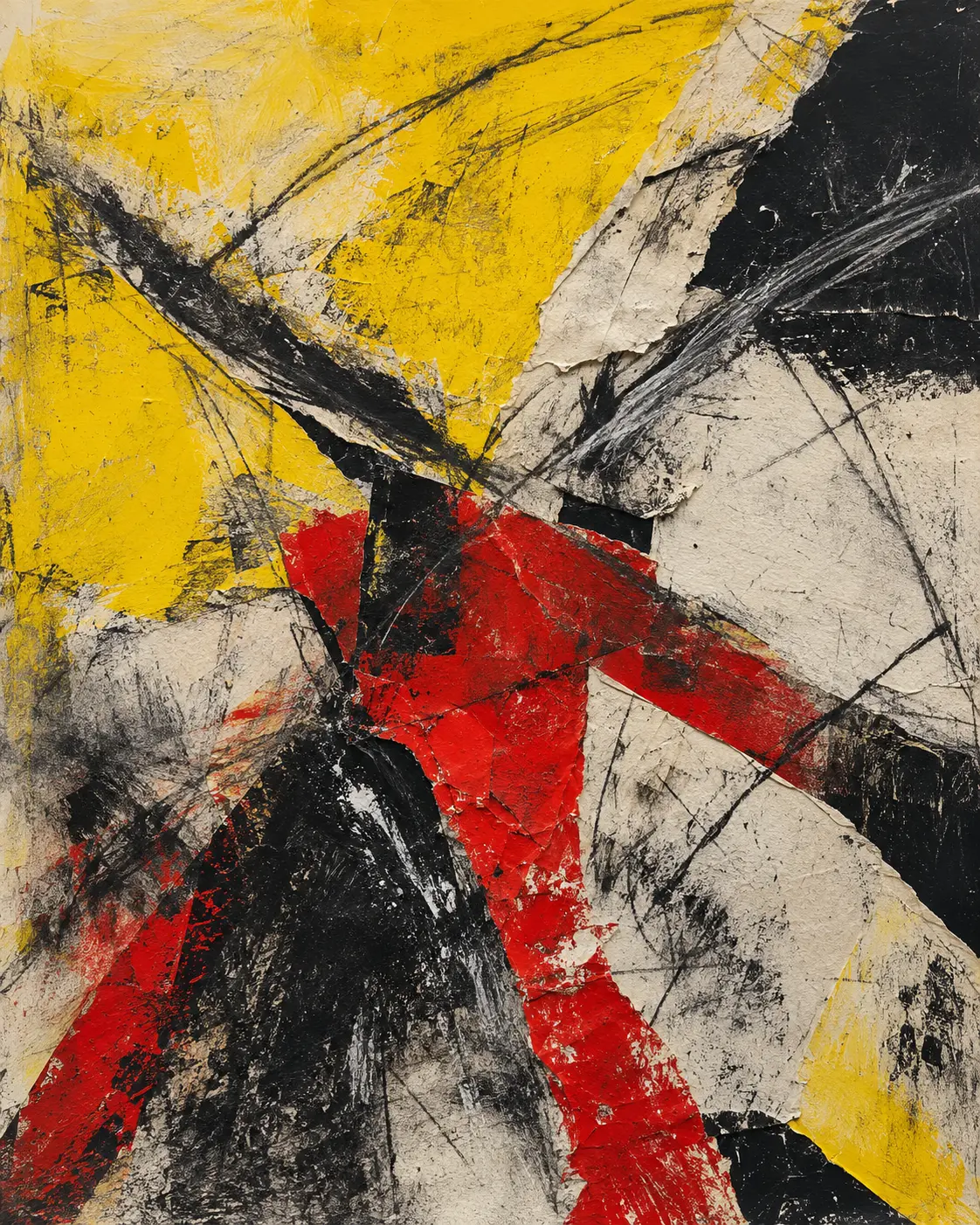 Abstract collage in yellow, red, black, and bone white